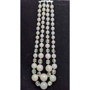 Vintage Two Strand White Faux Pearl Clear Bead Silver Tone Chain Necklace
